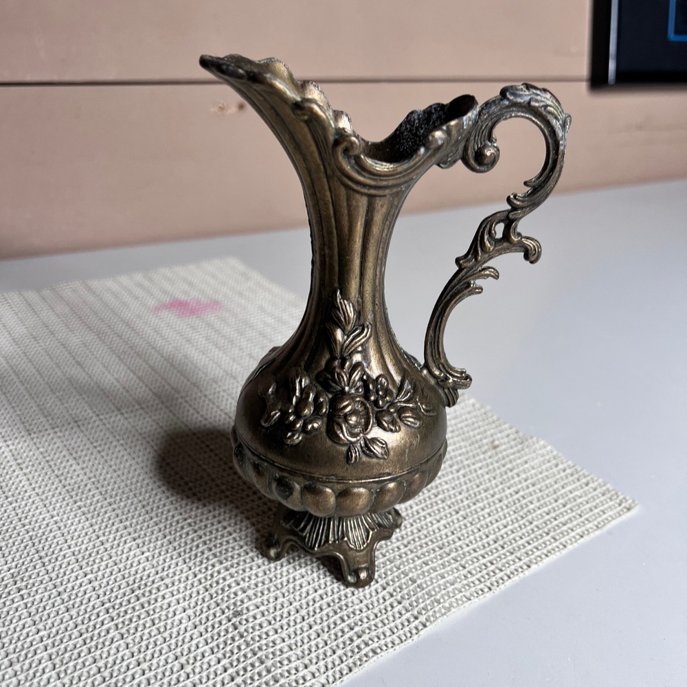 Vintage Made in Italy Miniature Brass Pitcher Ornate Floral Bud Vase 4.5 Inch